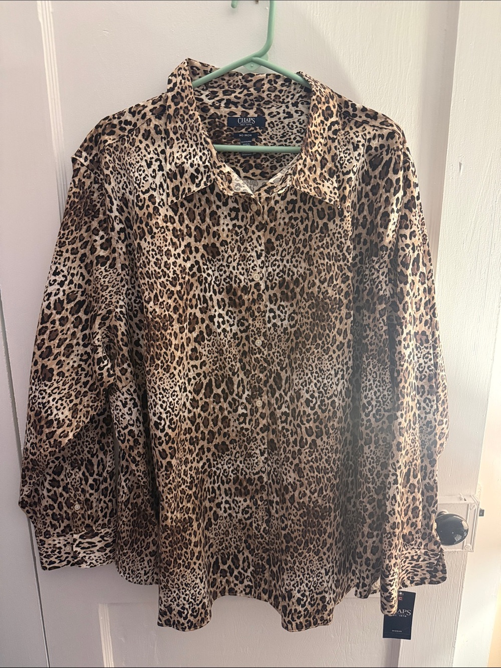 Chaps Leopard Print Collared Button-Up Blouse - Black/Brown/Tan
